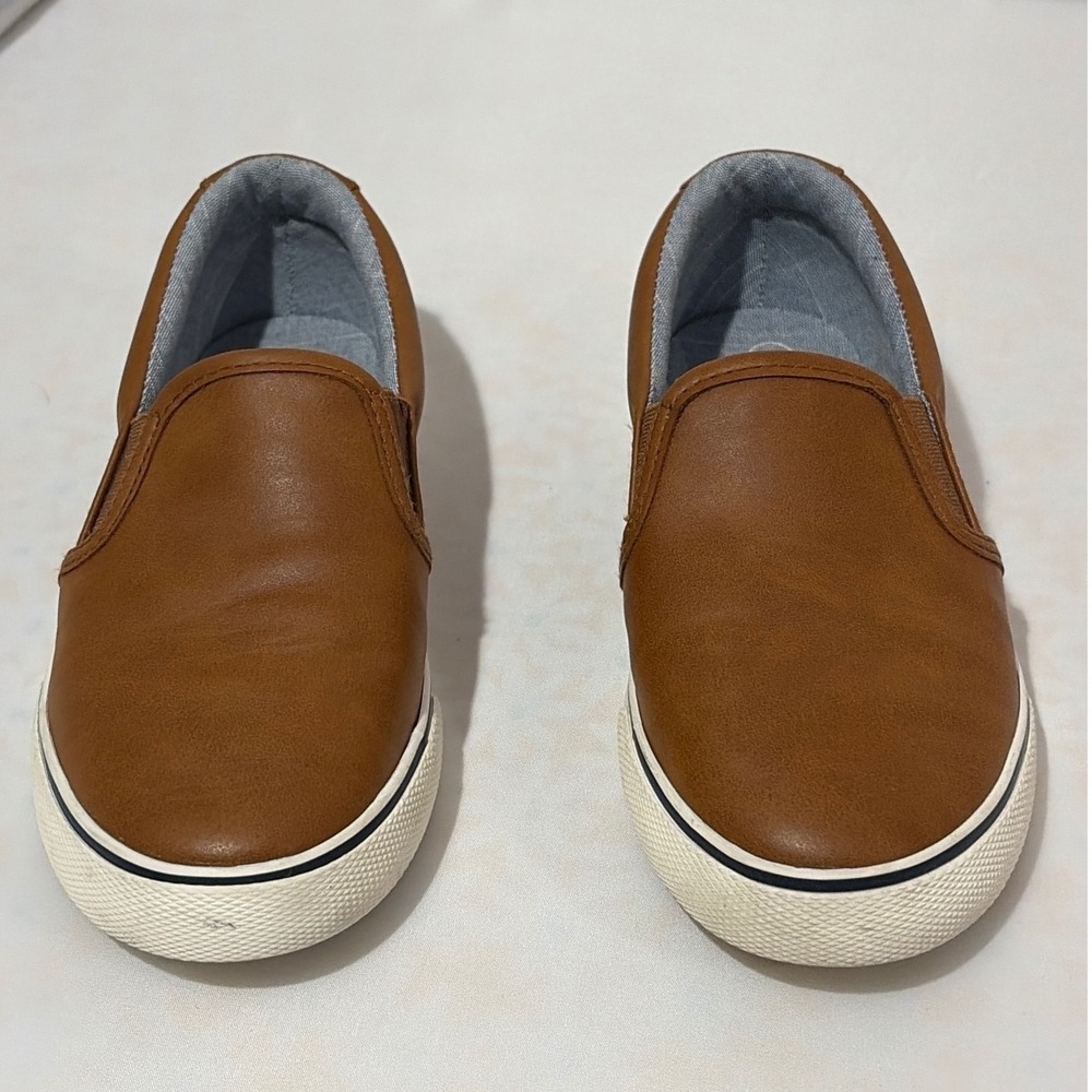 Cat & Jack Boys Brown Faux Leather Slip On Sneakers Shoes Size 3 Kids Cognac
